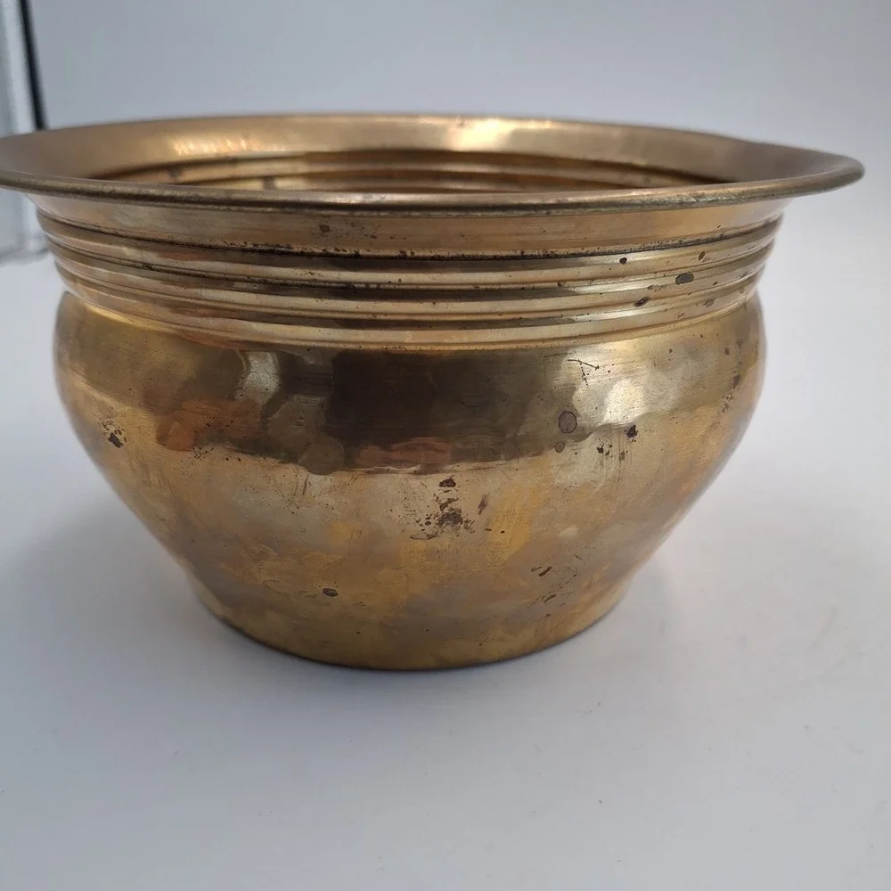 Vintage Hand Crafted Solid Brass Hammered Bowl Planter Pot India Decor 7